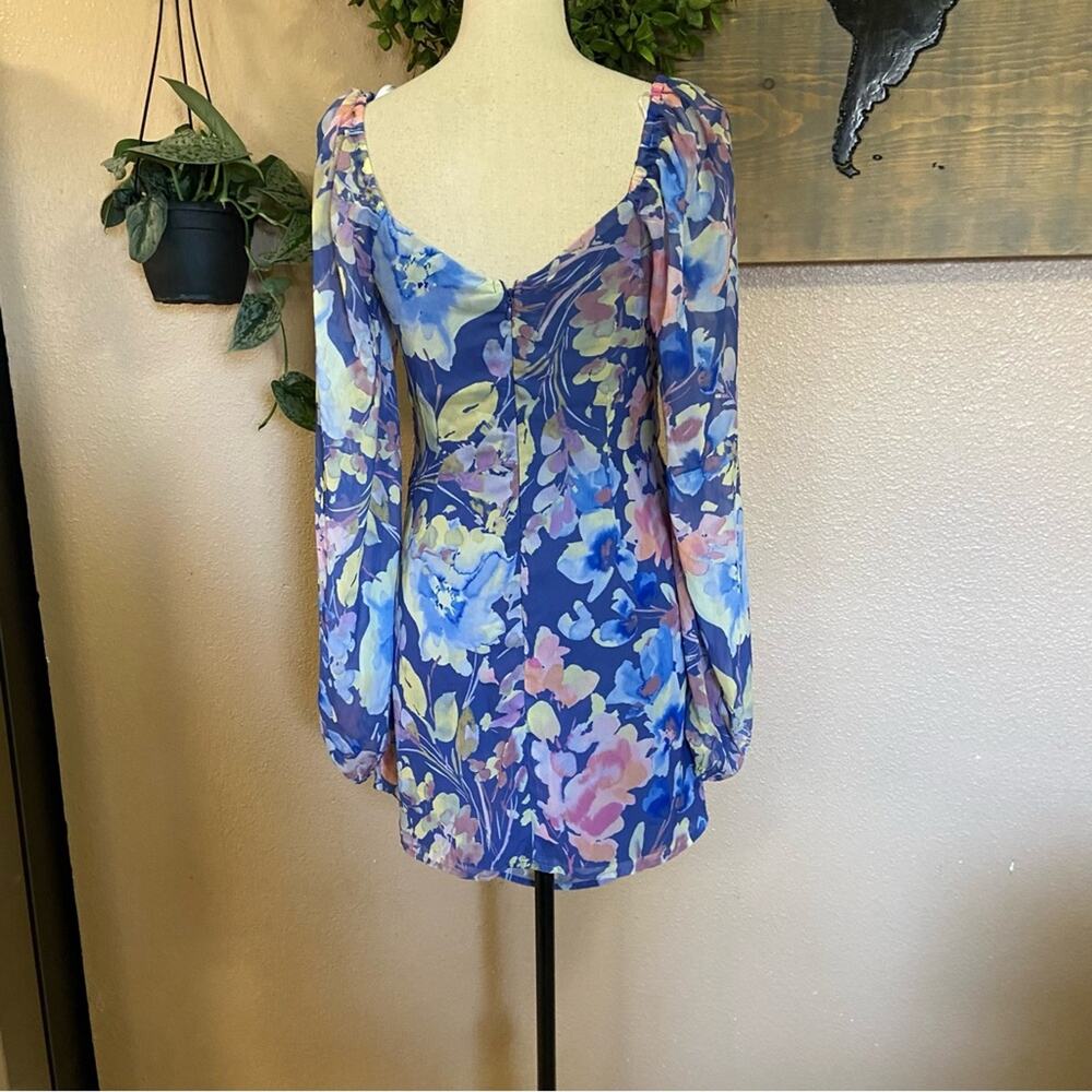 NWOT Lulus Beautiful Impression Blue Floral Chiffon Long Sleeve Mini Dre… - Picture 8 of 10